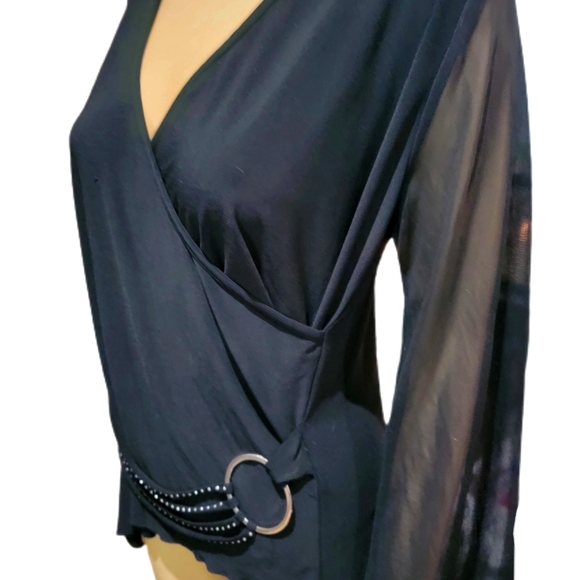Solar 90s Black Asymmetrical Surplice Top With Rhinestone Accents Large - Picture 2 of 4